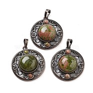 Natural Unakite Pendants, Brass Hollow Flat Round Charms, Cadmium Free & Lead Free, Red Copper, 33.5x30.5x9.5mm, Hole: 8x5mm(G-Q158-03A-R09)