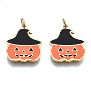 316 Surgical Stainless Steel Enamel Charms, with Jump Rings, for Halloween, Pumpkin, Coral, Real 14K Gold Plated, 14x12x1mm, Jump Ring: 3.4x0.5mm, 2.4mm inner diameter(STAS-S116-336G)