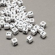 Large Hole Acrylic Letter European Beads, Horizontal Hole, White & Black, Cube with Letter.L, 6x6x6mm, Hole: 4mm, about 2950pcs/500g(SACR-Q103-6mm-01L)