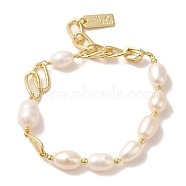 Natural Pearl Beaded Bracelets, with Brass Chains, Real 14K Gold Plated, 5-7/8 inch(14.9cm)(BJEW-C051-02G)