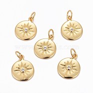 Brass Charms, with Cubic Zirconia, Flat Round with Sun, Clear, Golden, 15x12x2mm, Hole: 3.5mm(X-ZIRC-L070-63G)
