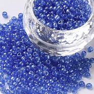 Glass Seed Beads, Trans. Colours Lustered, Round, Cornflower Blue, 3mm, Hole: 1mm, about 1111pcs/50g, 50g/bag, 18bags/2pounds(SEED-US0003-3mm-106)