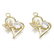 Brass Micro Pave Clear Cubic Zirconia Pendants, Heart, Real 18K Gold Plated, 17x16x4.5mm, Hole: 1.6mm(KK-N238-039)