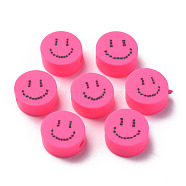 Handmade Polymer Clay Beads, for DIY Jewelry Crafts Supplies, Flat Round with Smiling Face, Deep Pink, 9x4~5mm, Hole: 1.6mm(CLAY-N008-031E)