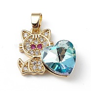 Real 18K Gold Plated Rack Plating Brass Micro Pave Cubic Zirconia Pendants, with Glass, Long-Lasting Plated, Cadmium Free & Lead Free, Cat with Heart, Sky Blue, 21x19.5x7.5mm, Hole: 3.5x5mm(KK-C015-31G-16)