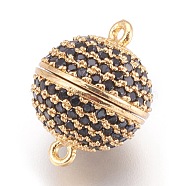 Brass Micro Pave Cubic Zirconia Magnetic Clasps with Loops, Round, Black, Golden, 16x12mm, Hole: 1mm(KK-O106-30B-G)