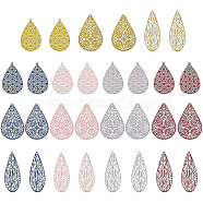 30Pcs 15 Style 430 Stainless Steel Filigree Pendants, Spray Painted, Etched Metal Embellishments, Teardrop, Mixed Color, 35~45x17.5~26.5x0.5mm, Hole: 1~1.4mm, 2pcs/style(STAS-BC0003-45)