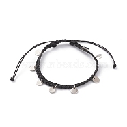 Waxed Polyester Cord Braided Bead Bracelets, with Flat Round 304 Stainless Steel Stamping Blank Tag Charms, Black, Inner Diameter: 2-1/4~3-7/8 inch(5.8~9.8cm)(BJEW-JB05762-01)