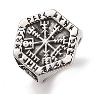 Viking 304 Stainless Steel Vegvisir Wide Finger Rings for Mens, Antique Silver, Hexagon, US Size 9(18.9mm)(RJEW-U005-21A-01)