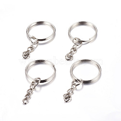 Iron Split Key Rings, with Curb Chains, Keychain Clasp Findings, Platinum, 25x2mm(IFIN-H047-N)