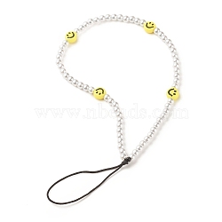 Opaque Acrylic Mobile Phone Straps, with ABS Plastic Imitation Pearl Beads and Nylon Thread, Flat Round with Smiling Face, White, 17.5cm(HJEW-JM00676)