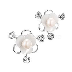 SHEGRACE Beautiful 925 Sterling Silver Ear Studs, Conch Flower with Freshwater Pearl and Cubic Zirconia, Platinum, 11mm(JE334A)