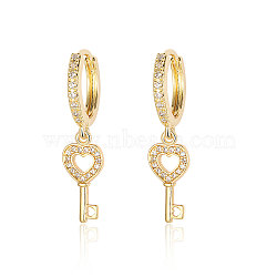 Brass Micro Pave Clear Cubic Zirconia Hoop Earrings, Key Dangle Earrings for Women, Real 18K Gold Plated, 33x8mm(EJEW-OY001-08G)