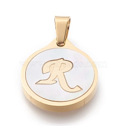 304 Stainless Steel Pendants, with Shell, Flat Round with Alphabet, Golden, Letter.R, 20.5x18x2.5mm, Hole: 7x4mm(STAS-O138-21p-R)