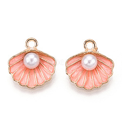 Zinc Alloy Enamel Pendants, with ABS Plastic Imitation Pearl, Shell, Light Gold, Light Salmon, 15.5x14.5x6mm, Hole: 2mm(X-ENAM-F118-03A)