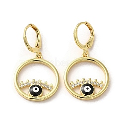 Evil Eye Real 18K Gold Plated Brass Dangle Leverback Earrings, with Enamel and Cubic Zirconia, Black, 33.5x18.5mm(EJEW-Q797-09G-03)