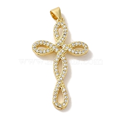 Rack Plating Brass Micro Pave Clear Cubic Zirconia Pendants, Cadmium Free & Lead Free, Long-Lasting Plated, Cross, Real 18K Gold Plated, 35x20x2.5mm, Hole: 5x3.5mm(KK-P267-13G)