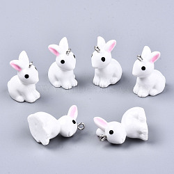 Resin Pendants, with Platinum Tone Iron Loops, 3D Rabbit, White, 23~24x13~14x19mm, Hole: 2mm(X-RESI-S356-53)