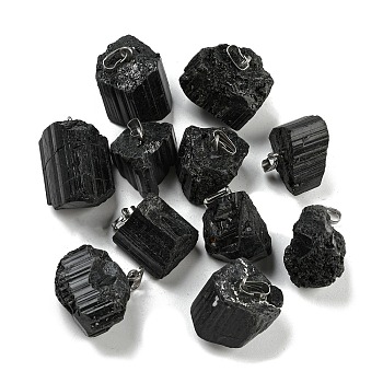 Natural Black Tourmaline Pendants, Nuggets Charms with Stainless Steel Color Plated 201 Stainless Steel Snap on Bails, 15~30x11~12x9.5~12mm, Hole: 3.5x7.5mm