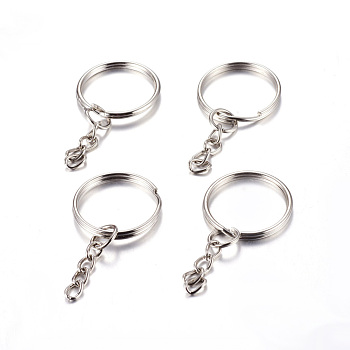 Iron Split Key Rings, with Curb Chains, Keychain Clasp Findings, Platinum, 25x2mm