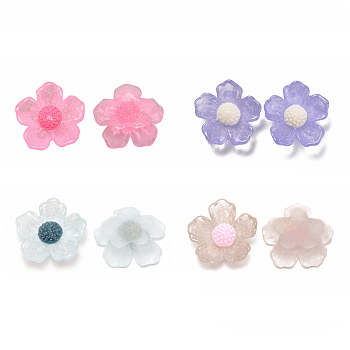 Transparent Resin Cabochons, with Glitter Powder, Flower, Mixed Color, 20x20x7mm