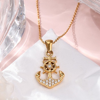 304 Stainless Steel Crystal Rhinestone Anchor Pendant Necklaces, Golden, 17.72 inch(45cm)