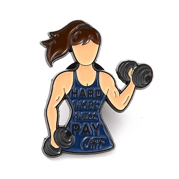Hard Work Will Pay Off Enamel Pin, Woman with Dumbbell Alloy Enamel Brooch for Backpack Clothes, Gunmetal, Midnight Blue, 29.5x25x9mm, Pin: 1mm
