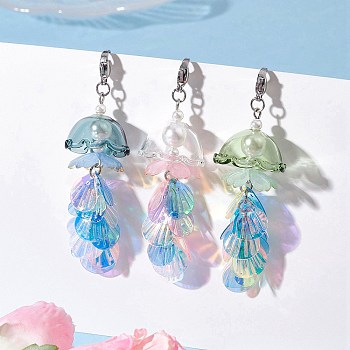 3Pcs Jellyfish Shell Pearl & PVC Plastic Paillette & Acrylic Pendants Decorations, with 304 Stainless Steel Lobster Claw Clasps, Mixed Color, 79mm