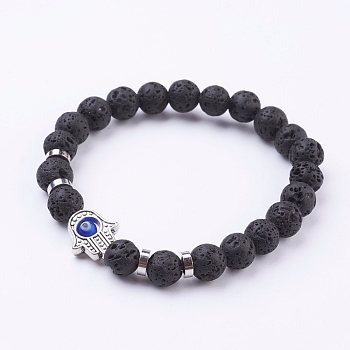 Natural Lava Rock Stretch Bracelets, with Tibetan Style Frame Links and Evil Eye Lampwork Round Bead, Hamsa Hand/Hand of Fatima/Hand of Miriam, 2-1/8 inch(54mm)