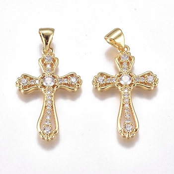 Brass Micro Pave Cubic Zirconia Pendants, Long-Lasting Plated, Cross, Clear, Golden, 25.5x16.5x3mm, Hole: 4x5mm