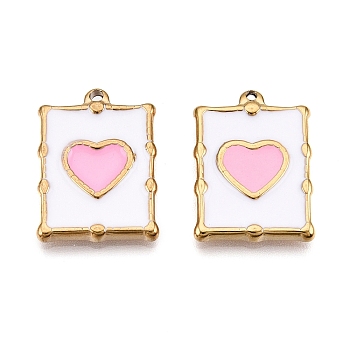 PVD Vacuum Plating 201 Stainless Steel Enamel Pendants, Real 18K Gold Plated, Rectangle with Heart Charm, Pearl Pink, 20.5x15x2.5mm, Hole: 1.2mm