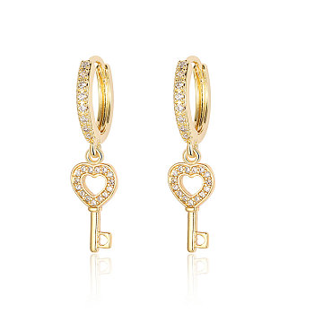 Brass Micro Pave Clear Cubic Zirconia Hoop Earrings, Key Dangle Earrings for Women, Real 18K Gold Plated, 33x8mm