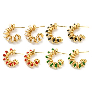 Rack Plating Brass Stud Earrings, with Enamel, Cadmium Free & Lead Free, Long-Lasting Plated, Real 18K Gold Plated, Curved line, Mixed Color, 22x7mm