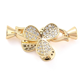 Brass Micro Pave Clear Cubic Zirconia Fold Over Clasps, Clover, Golden, Flower: 15x15x9mm, Clasp: 12x6x6mm, Inner Diameter: 4mm