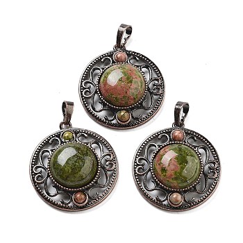 Natural Unakite Pendants, Brass Hollow Flat Round Charms, Cadmium Free & Lead Free, Red Copper, 33.5x30.5x9.5mm, Hole: 8x5mm