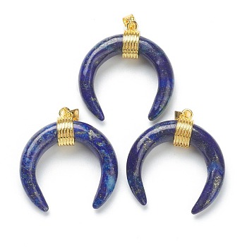 Natural Lapis Lazuli Pendants, with Golden Brass Findings, Double Horn/Crescent Moon, 31~33x30x10mm, Hole: 6x4mm
