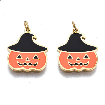 316 Surgical Stainless Steel Enamel Charms, with Jump Rings, for Halloween, Pumpkin, Coral, Real 14K Gold Plated, 14x12x1mm, Jump Ring: 3.4x0.5mm, 2.4mm inner diameter