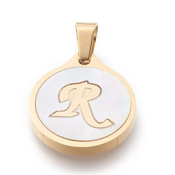 304 Stainless Steel Pendants, with Shell, Flat Round with Alphabet, Golden, Letter.R, 20.5x18x2.5mm, Hole: 7x4mm