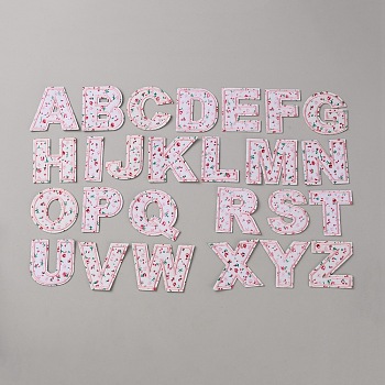 26Pcs Polyester Embroidery Cloth Self-adhesive Patch, Sew on Ornament Accessories, Letter A~Z with Flower Pattern, Pink, 55~63x51~64x1mm