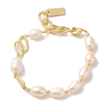Natural Pearl Beaded Bracelets, with Brass Chains, Real 14K Gold Plated, 5-7/8 inch(14.9cm)
