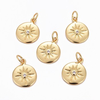 Brass Charms, with Cubic Zirconia, Flat Round with Sun, Clear, Golden, 15x12x2mm, Hole: 3.5mm