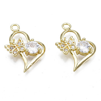 Brass Micro Pave Clear Cubic Zirconia Pendants, Heart, Real 18K Gold Plated, 17x16x4.5mm, Hole: 1.6mm