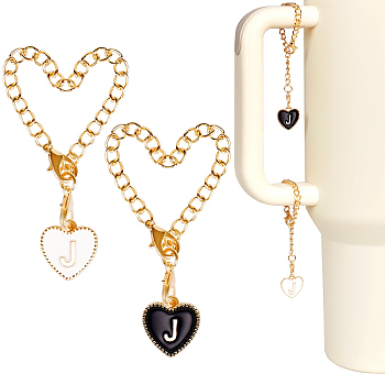 2 Sets Alloy Enamel Cup Pendant Decorations, with Iron Link Chain and Lobster Clasp, Light Gold, Heart, Letter J, 76mm, 2pcs/set