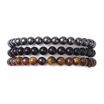 3Pcs 3 Style Natural & Synthetic Mixed Stone Round Beaded Stretch Bracelets, Stackable Bracelets, Inner Diameter: 2-3/8 inch(6cm), 1Pc/style