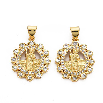 Brass Micro Pave Cubic Zirconia Pendants, Nickel Free, Oval with Virgin, Real 16K Gold Plated, 20.5x17x2.5mm, Hole: 3x5mm