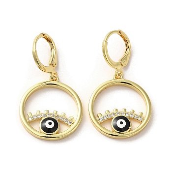 Evil Eye Real 18K Gold Plated Brass Dangle Leverback Earrings, with Enamel and Cubic Zirconia, Black, 33.5x18.5mm