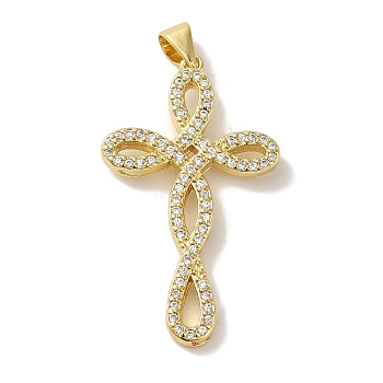 Rack Plating Brass Micro Pave Clear Cubic Zirconia Pendants, Cadmium Free & Lead Free, Long-Lasting Plated, Cross, Real 18K Gold Plated, 35x20x2.5mm, Hole: 5x3.5mm