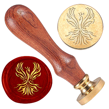 Wax Seal Stamp Set, Golden Plated Sealing Wax Stamp Solid Brass Head, with Retro Wood Handle, for Envelopes Invitations, Gift Card, Phenix, 83x22mm, Head: 7.5mm, Stamps: 25x14.5mm