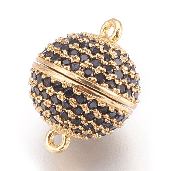 Brass Micro Pave Cubic Zirconia Magnetic Clasps with Loops, Round, Black, Golden, 16x12mm, Hole: 1mm