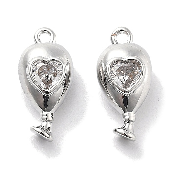 Rack Plating Brass Charms, With Glass, Faceted, Long-Lasting Plated, Teardrop with Heart, Real Platinum Plated, 15x7x5.5mm, Hole: 1.2mm